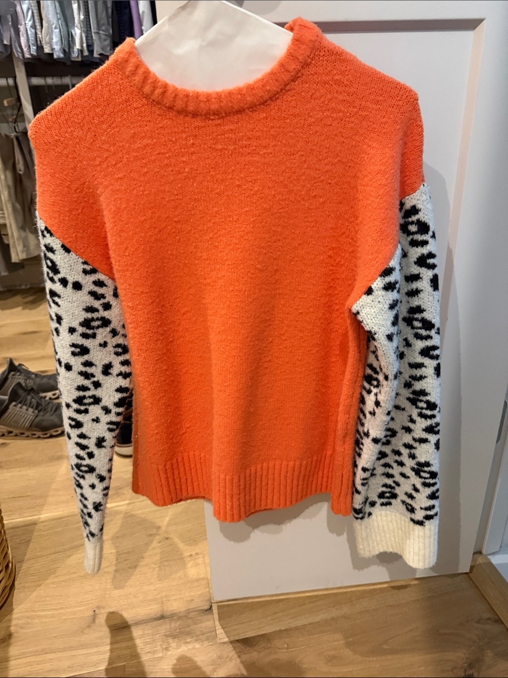 THML Bright Orange Crewneck Sweater with Black & White Leopard Print Sleeves